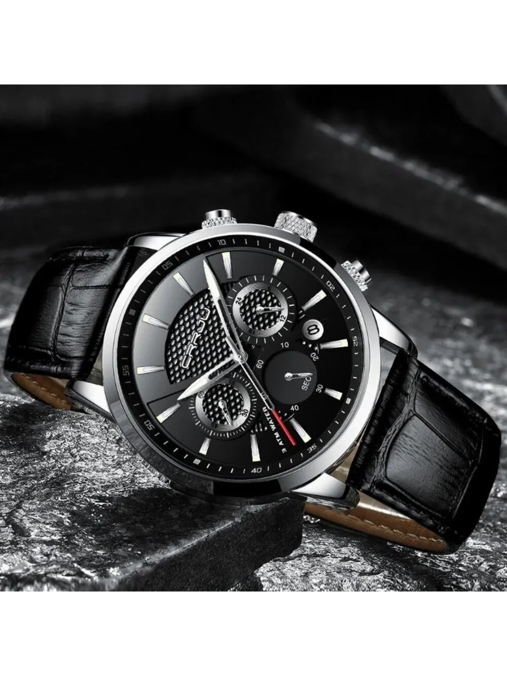 Mens Silver Black Leather Strap Casual Chronograph Quartz Waterproof Wrist Watch